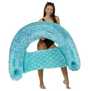 PoolCandy Sun Chair Aqua Blue Glitter Holographic Inflatable Pool Float NIB